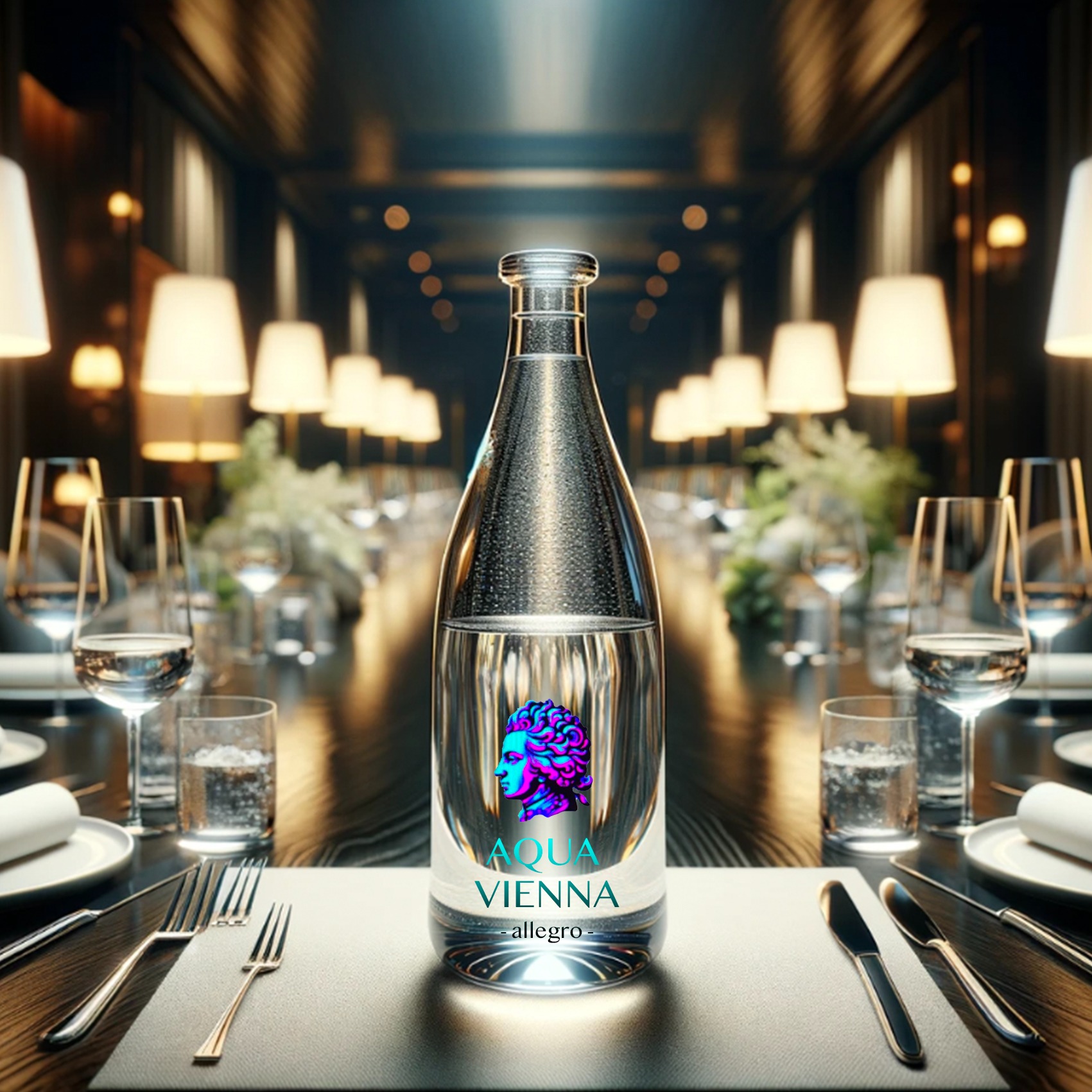 优雅餐厅环境中的 AQUA VIENNA 瓶装水概念